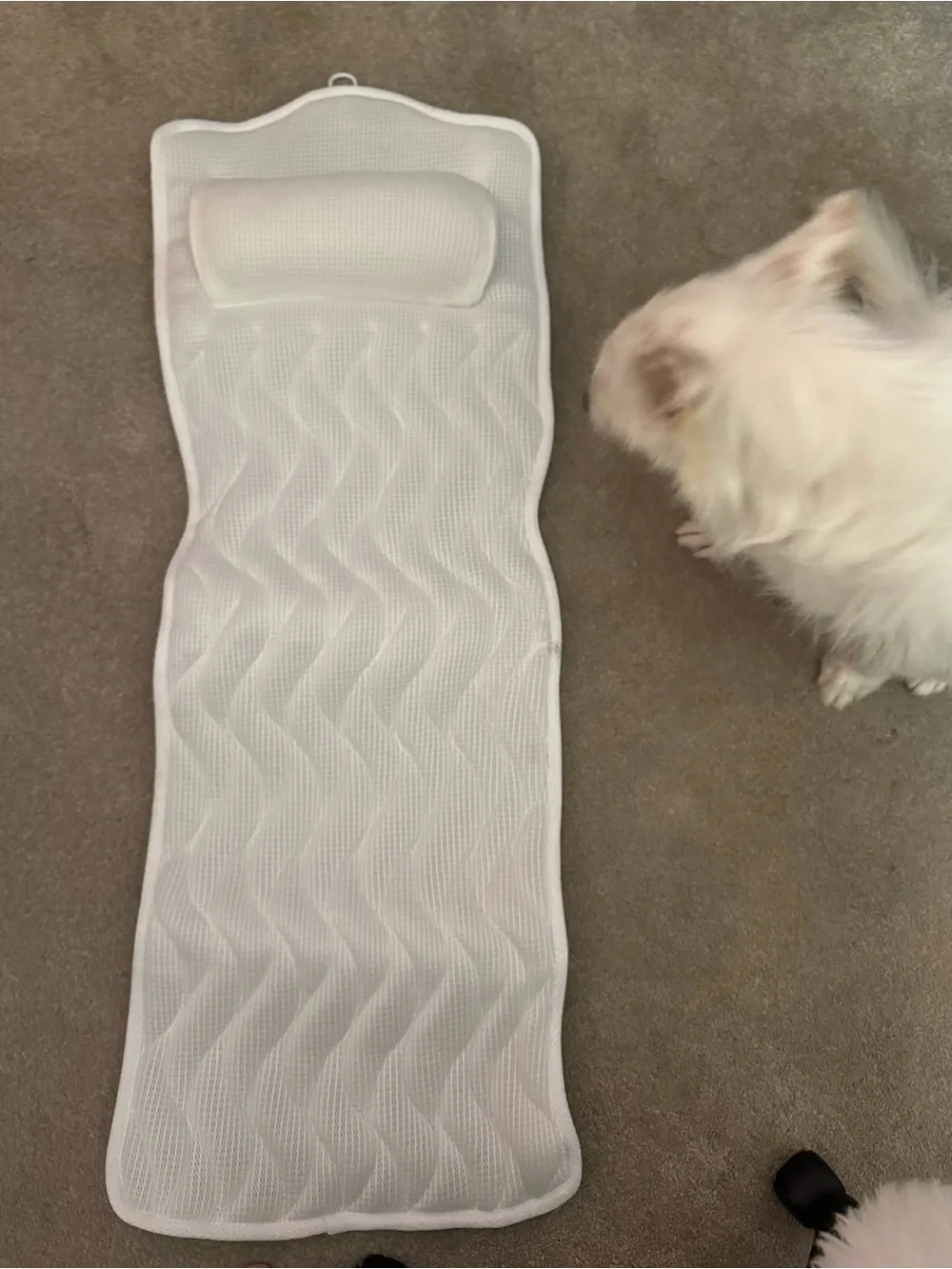 White Quilted Body Length Bath Mat in Gray Storage Case